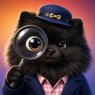 Cartoon Ember, a black Pomeranian in a detective hat, peering through a magnifying glass