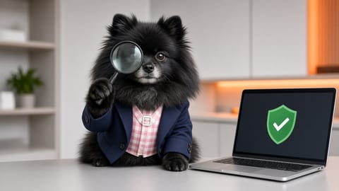 Ember, a black Pomeranian in a navy blazer, holding a magnifying glass next to a laptop