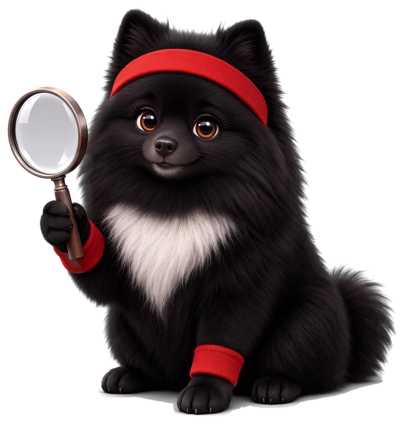 Cartoon Ember, a black Pomeranian in a red headband, holding a magnifying glass